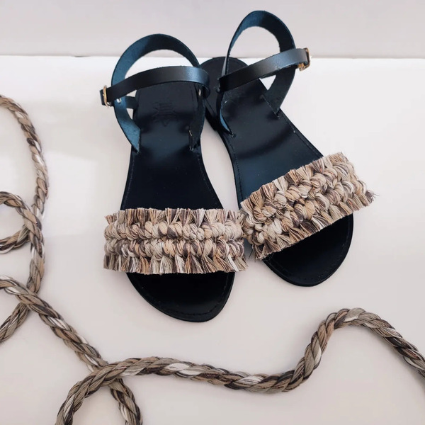 Boho sandals black - δέρμα, μακραμέ, boho, φλατ, ankle strap - 2