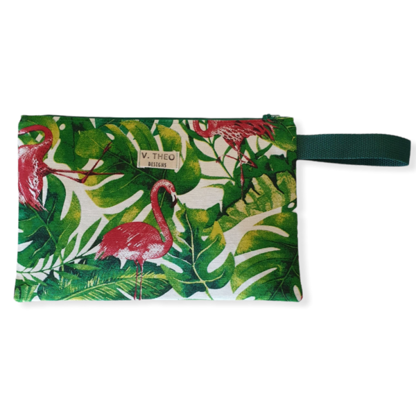 Τσάντα χειρός (clutch bag) πράσινη με τροπικά φύλλα και φλαμίνγκος - ύφασμα, clutch, φλοράλ, all day, χειρός - 2