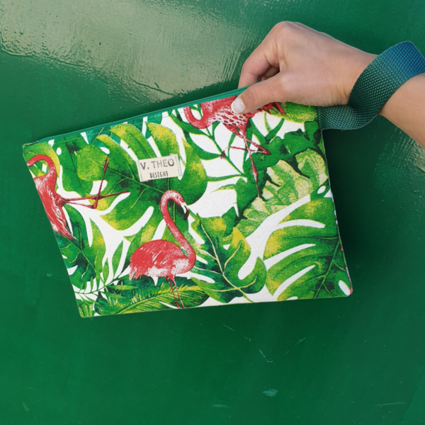 Τσάντα χειρός (clutch bag) πράσινη με τροπικά φύλλα και φλαμίνγκος - ύφασμα, clutch, φλοράλ, all day, χειρός - 5