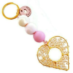 Δώρο για την δασκάλα μπρελόκ με συρμάτινη καρδιά σε χρυσαφί χρώμα και ροζ χάντρες - μεταλλικό, μπρελοκ κλειδιών - 3