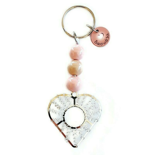 Δώρο για την δασκάλα μπρελόκ με συρμάτινη καρδιά σε ασημί χρώμα και ροζ χάντρες - μεταλλικό, μπρελοκ κλειδιών - 2
