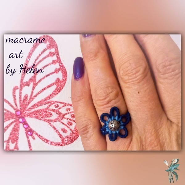Δαχτυλίδι macrame Μαργαρίτα Μπλε Γαλάζιο Λάβα - ημιπολύτιμες πέτρες, μακραμέ, λουλούδι, αυξομειούμενα - 2