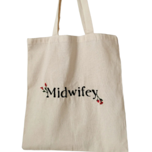 Πάνινη κεντημένη τσάντα "Midwifey" - μέγεθος 42x38cm - ύφασμα, ώμου, all day, tote, πάνινες τσάντες - 4
