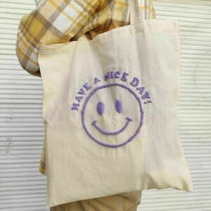 Πάνινη κεντημένη τσάντα "Have a nice day" - μέγεθος 42x38cm - ύφασμα, ώμου, all day, tote, μαλλί felt