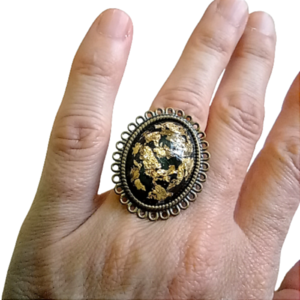 Δαχτυλίδι σε οβάλ μπρούτζινη βάση και καμπουσον με φύλλα χρυσού - ημιπολύτιμες πέτρες, γυαλί, μπρούντζος, μεγάλα, αυξομειούμενα - 3