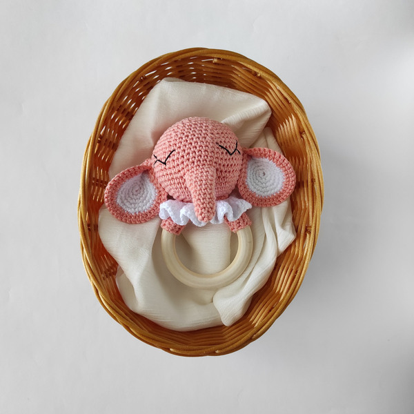 Πλεκτή κουδουνίστρα ροζ/κοραλί ελέφαντας - ύψος 14 εκ - λούτρινα, ελεφαντάκι, κουδουνίστρα, μασητικά μωρού - 2