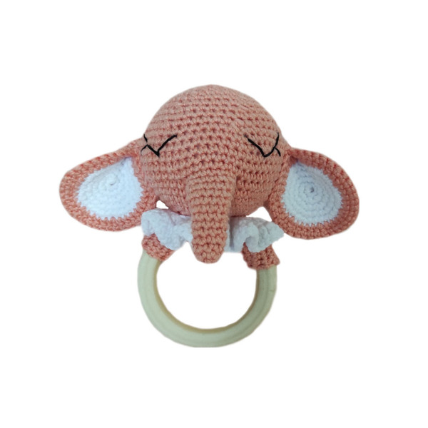 Πλεκτή κουδουνίστρα ροζ/κοραλί ελέφαντας - ύψος 14 εκ - λούτρινα, ελεφαντάκι, κουδουνίστρα, μασητικά μωρού - 3