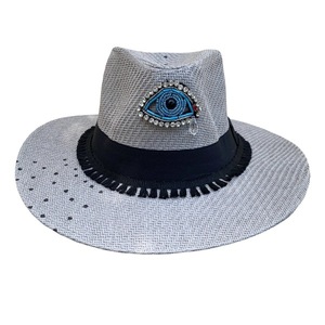 Καπέλο Panama- Gray base evil eye- διαθέσιμο μέγεθος: 59. - ψάθινα, ζωγραφισμένα στο χέρι, evil eye