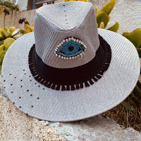 Καπέλο Panama- Gray base evil eye- διαθέσιμο μέγεθος: 59. - ψάθινα, ζωγραφισμένα στο χέρι, evil eye - 2