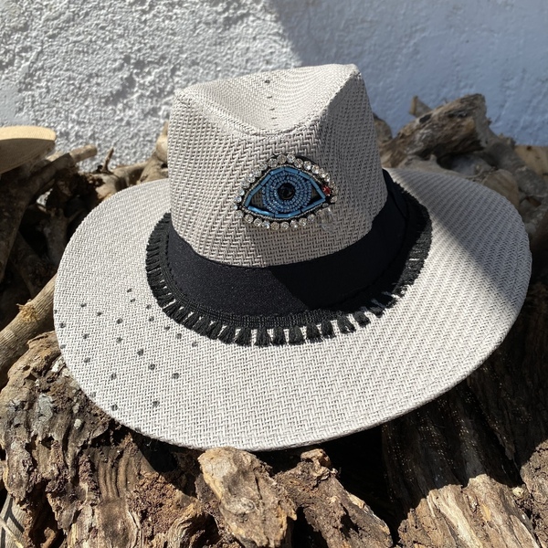 Καπέλο Panama- Gray base evil eye- διαθέσιμο μέγεθος: 59. - ψάθινα, ζωγραφισμένα στο χέρι, evil eye - 3