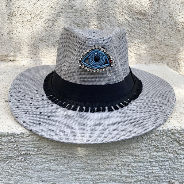 Καπέλο Panama- Gray base evil eye- διαθέσιμο μέγεθος: 59. - ψάθινα, ζωγραφισμένα στο χέρι, evil eye - 4