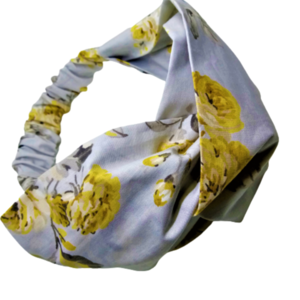 Κορδέλα Turban Style γκρι με κίτρινα μπουκέτα από λουλούδια - ύφασμα, για τα μαλλιά, turban, δώρα για γυναίκες, κορδέλες μαλλιών - 4