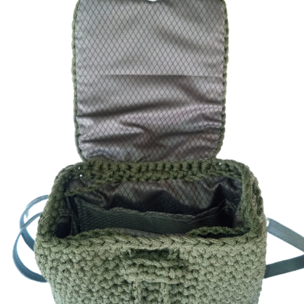 Πλεκτή λαδί τσάντα πλάτης (backpack) με πλεκτό χερούλι - νήμα, πλάτης, μεγάλες, all day, πλεκτές τσάντες - 4