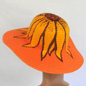 Ζωγραφισμένο στο χέρι γυναικείο καπέλο πορτοκαλί Ηλιοτρόπιο - γυναικεία, χειροποίητα, ψάθινα - 4