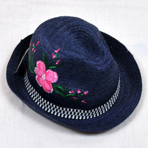 Ζωγραφισμένο στο χέρι μπλε ψάθινο καπέλο Ροζ Λουλούδι - γυναικεία, χειροποίητα, ψάθινα