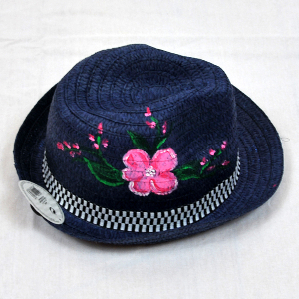 Ζωγραφισμένο στο χέρι μπλε ψάθινο καπέλο Ροζ Λουλούδι - γυναικεία, χειροποίητα, ψάθινα - 2