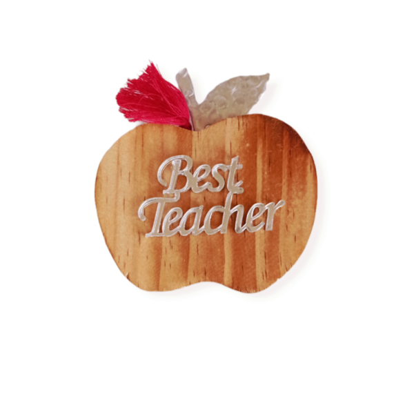 Ξύλινο μήλο διακοσμητικό δώρο για τη δασκάλα κόκκινη φούντα & plexiglass best teacher 8×7,5×2cm - ξύλο, πρωτότυπα δώρα, δώρα για δασκάλες