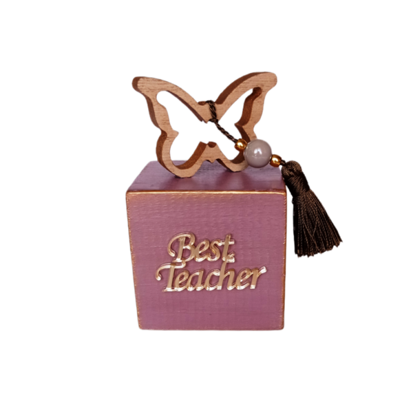 Δώρο για τη δασκάλα 3D ξύλινη πεταλούδα, ξύλινη βάση λιλά και plexiglass χρυσό best teacher 12*7*7εκ. - πεταλούδα, δώρα για δασκάλες, προσωποποιημένα