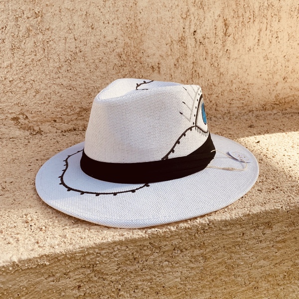 Καπέλο Panama - White evil eye - ψάθινα, απαραίτητα καλοκαιρινά αξεσουάρ, ζωγραφισμένα στο χέρι - 2