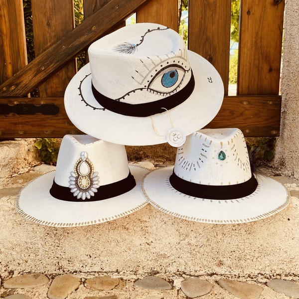 Καπέλο Panama - White evil eye - ψάθινα, απαραίτητα καλοκαιρινά αξεσουάρ, ζωγραφισμένα στο χέρι - 5