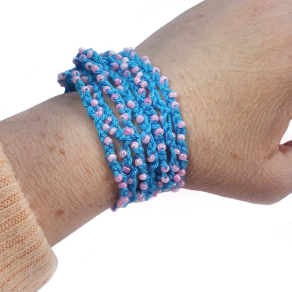 Beaded Crochet Bracelet " Bonnie", μπλε με ροζ πέρλες - μαμά, σταθερά, πέρλες, πολύσειρα, χεριού