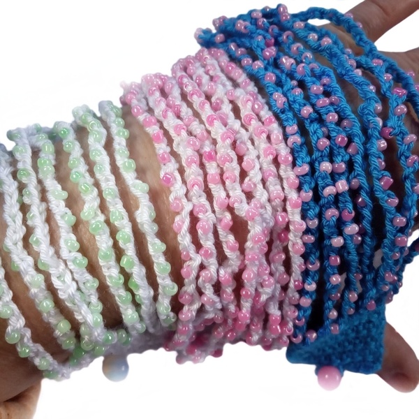 Beaded Crochet Bracelet " Bonnie", μπλε με ροζ πέρλες - μαμά, σταθερά, πέρλες, πολύσειρα, χεριού - 5