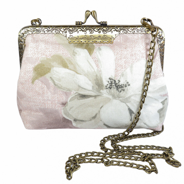 «Aurora Flowers» Vintage floral υφασμάτινο τσαντάκι με μεταλλικό πλαίσιο και αλυσίδα! - ύφασμα, clutch, φλοράλ, βραδινές, μικρές