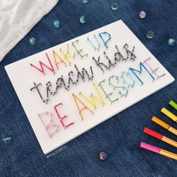 Ξύλινο κάδρο με καρφιά & κλωστές (28,5x19cm) "Wake Up, Teach Kids, Be Awesome" - πίνακες & κάδρα, δώρα για δασκάλες, η καλύτερη δασκάλα - 4
