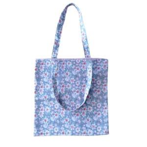 Τσάντα για τα ψώνια-tote bag-γκρι με ροζ λουλουδάκια - ύφασμα, ώμου, φλοράλ, tote, πάνινες τσάντες