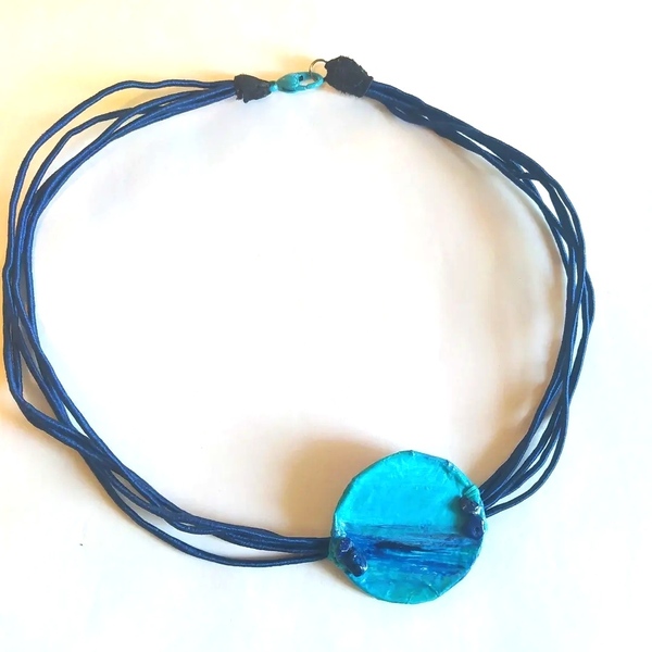 Summer necklace - χαρτί, κοντά, μπλε χάντρα, μενταγιόν