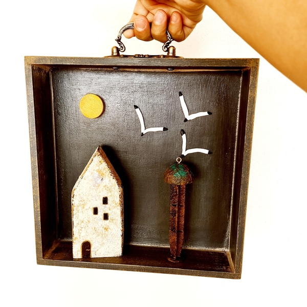 Επιτραπέζιο καδρακι (shadow box) μοναδικό και όλο χειροποίητο - ξύλο, σπίτι, διακοσμητικά
