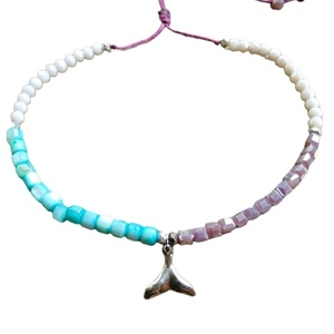 Mermaid anklet με κρύσταλλα κ κοχυλένιες γαλάζιες χάντρες - charms, ψάρι, χάντρες, ατσάλι, ποδιού