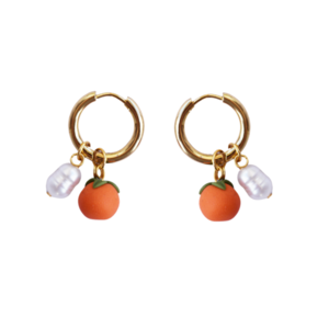 Pearl Orange Hoops| Ατσάλινα επιχρυσωμένα κρικάκια με χειροποίητα πορτοκάλια & μαργαριτάρια (πηλός, ατσάλι) (16mm) - πηλός, κρίκοι, μικρά, ατσάλι