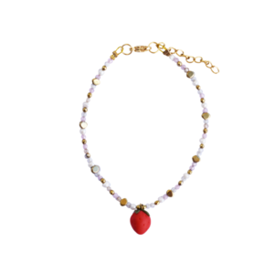 Pearl Strawberry Bracelet | Ατσάλινo επιχρυσωμένo βραχιόλι με χειροποίητη φράουλα, ημιπολύτιμους λίθους & μαργαριτάρια (πηλός, ατσάλι) (18cm + 3,5cm προέκταση) - ατσάλι, μαργαριτάρι, charms, χεριού