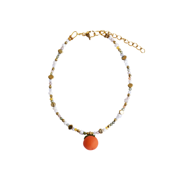 Pearl Orange Bracelet | Ατσάλινo επιχρυσωμένo βραχιόλι με χειροποίητο πορτοκάλι, ημιπολύτιμους λίθους & μαργαριτάρια (πηλός, ατσάλι) (18cm + 3,5cm προέκταση) - charms, μαργαριτάρι, ατσάλι, χεριού