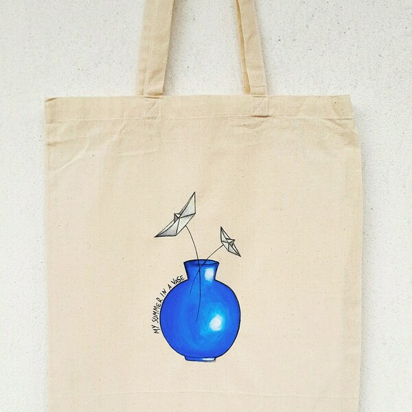 Ζωγραφισμένη εκρού υφασμάτινη τσάντα (37cmX41cm) - ύφασμα, ώμου, all day, tote, πάνινες τσάντες