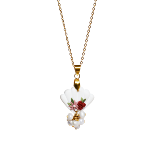 Mermaid Floral Necklace | Χειροποίητο λευκό ατσάλινο μεταγιόν με λουλούδια (ατσάλι, πηλός) (45cm + 5cm προέκταση) - πηλός, λουλούδι, ατσάλι, νυφικά, μενταγιόν