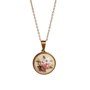Mellow Coral Floral Pendant | Χειροποίητο στρογγυλό ατσάλινο χρυσό μεταγιόν με λουλούδια (ατσάλι, πηλός) (45cm + 5cm προέκταση) - πηλός, λουλούδι, ατσάλι, νυφικά, μενταγιόν