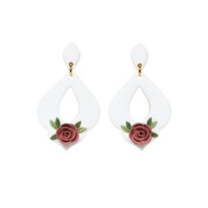 Dusty Pink Rose Earrings | Χειροποίητα λευκά κρεμαστά σκουλαρίκια με τριαντάφυλλο (ατσάλι, πηλός) (4,5cm) - κρεμαστά, πηλός, λουλούδι, νυφικά, ατσάλι