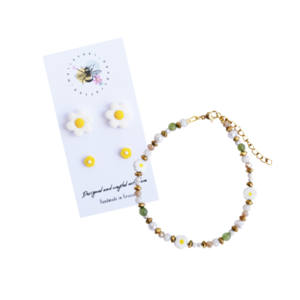 Purity Jewelry Set | Σετ σκουλαρίκια λουλούδια και ατσάλινο βραχιόλι με ημιπολύτιμους λίθους (πηλός, ατσάλι) - σετ κοσμημάτων, δώρο, πηλός, ημιπολύτιμες πέτρες, ατσάλι