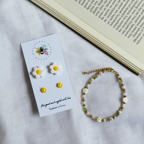 Purity Jewelry Set | Σετ σκουλαρίκια λουλούδια και ατσάλινο βραχιόλι με ημιπολύτιμους λίθους (πηλός, ατσάλι) - ημιπολύτιμες πέτρες, δώρο, πηλός, ατσάλι, σετ κοσμημάτων - 4