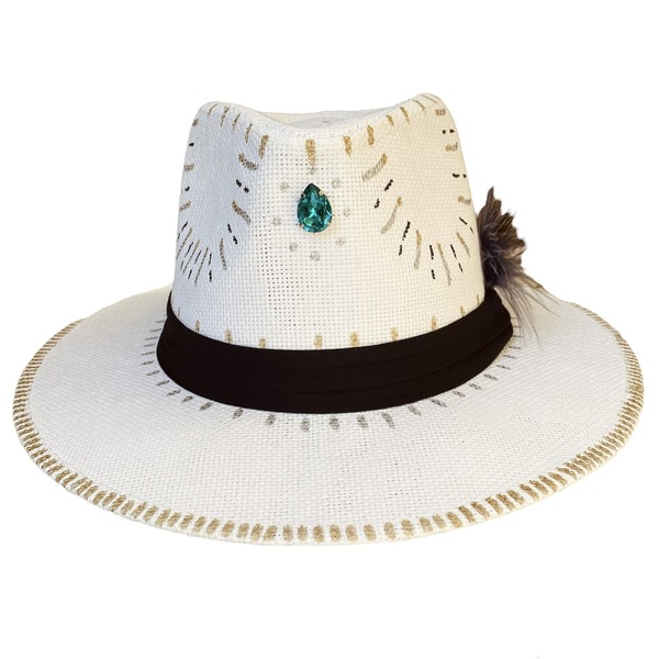 Καπέλο ψάθινο Panama - Turquoise crystal - ζωγραφισμένα στο χέρι, απαραίτητα καλοκαιρινά αξεσουάρ, ψάθινα