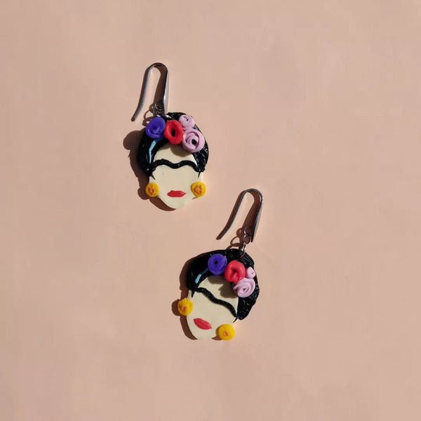 Frida earrings από πολυμερή πηλό - πηλός, ατσάλι, κρεμαστά, μεγάλα, γάντζος