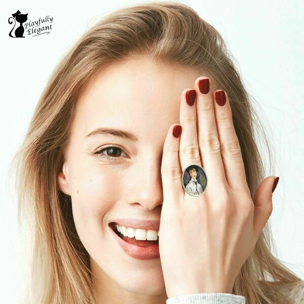 Ασημένιο δαχτυλίδι Μοντιλιάνι "Γυναίκα Με Μαύρη Γραβάτα". Χειροποίητο καλλιτεχνικό δαχτυλίδι. - ασήμι, αυξομειούμενα - 2