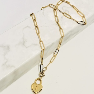 Ατσαλινο χρυσό κολιε με μοτίφ λουκέτο καρδια - charms, κοντά, ατσάλι - 2