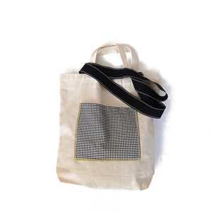 Τσάντα πάνινη totebag με τσέπη ασπρόμαυρο μικρό καρό - ώμου, all day, tote, ύφασμα, πάνινες τσάντες