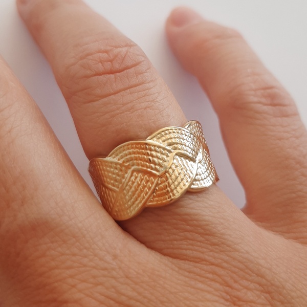 Ατσάλινο Δαχτυλίδι Braid Mat Gold - ασήμι 925, γεωμετρικά σχέδια, boho, μεγάλα, αυξομειούμενα - 2