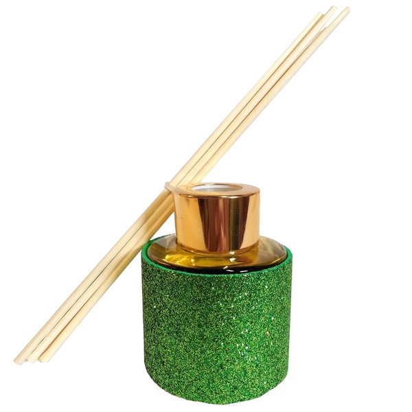 Αρωματιστής χώρου με sticks για διαλογισμό σε γυάλινο μπουκάλι με πράσινο γκλίτερ 50ml - διακοσμητικά, αρωματικά έλαια, αρωματικά χώρου