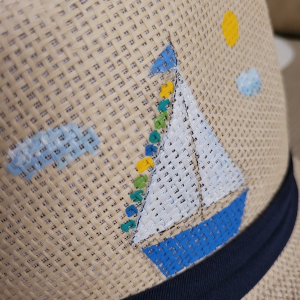 Καπέλο παιδικό, ψάθινο, ζωγραφισμένο στο χέρι καραβάκι - ψάθινα, ζωγραφισμένα στο χέρι, καπέλα - 2