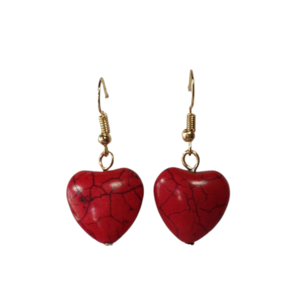 Σκουλαρίκια καρδιές κόκκινες χαολίτη - ημιπολύτιμες πέτρες, επιχρυσωμένα, μικρά, κρεμαστά, φθηνά